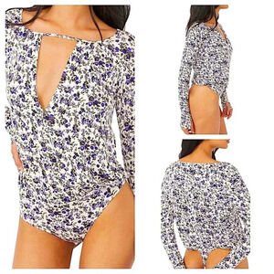 NWOT FREE PEOPLE Kaya Print Cutout Bodysuit in Ivory Floral Size S-M